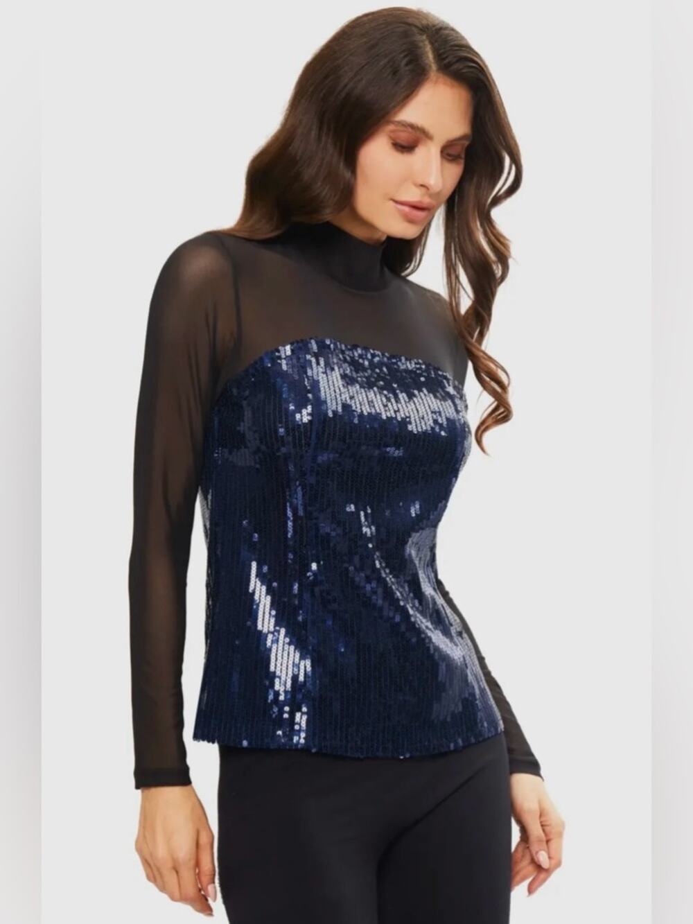 Maeve by Anthropologie Long-Sleeve Sheer Sequin Top in Black and Blue M
